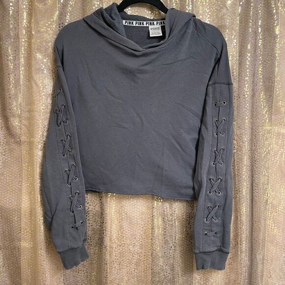 PINK Victorias Secret dark gray cropped long sleeve hoodie, S - Picture 1 of 6